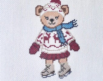 Christmas Ice Skating Bear Needlepoint Canvas | Printed 18 Mesh Teddy Bear Ornament | Winter Needlepoint Canvas