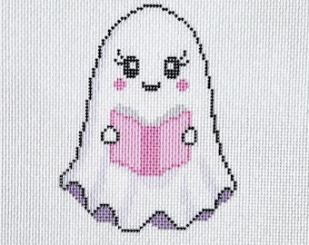 Book Ghost Needlepoint Canvas, Cute Pink Ghost Reading Book, Halloween Needlepoint Canvas, Reader Gift, 18 Mesh Printed Canvas
