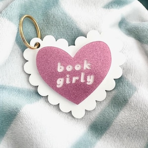 Book Lover Keychain: Laser Engraved Heart, Scalloped Acrylic Charm