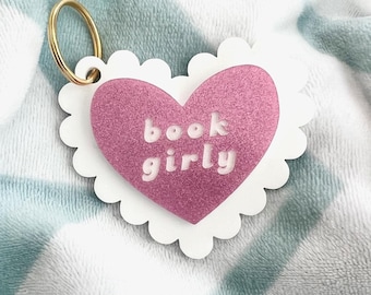 Book Lover Keychain: Laser Engraved Heart, Scalloped Acrylic Charm