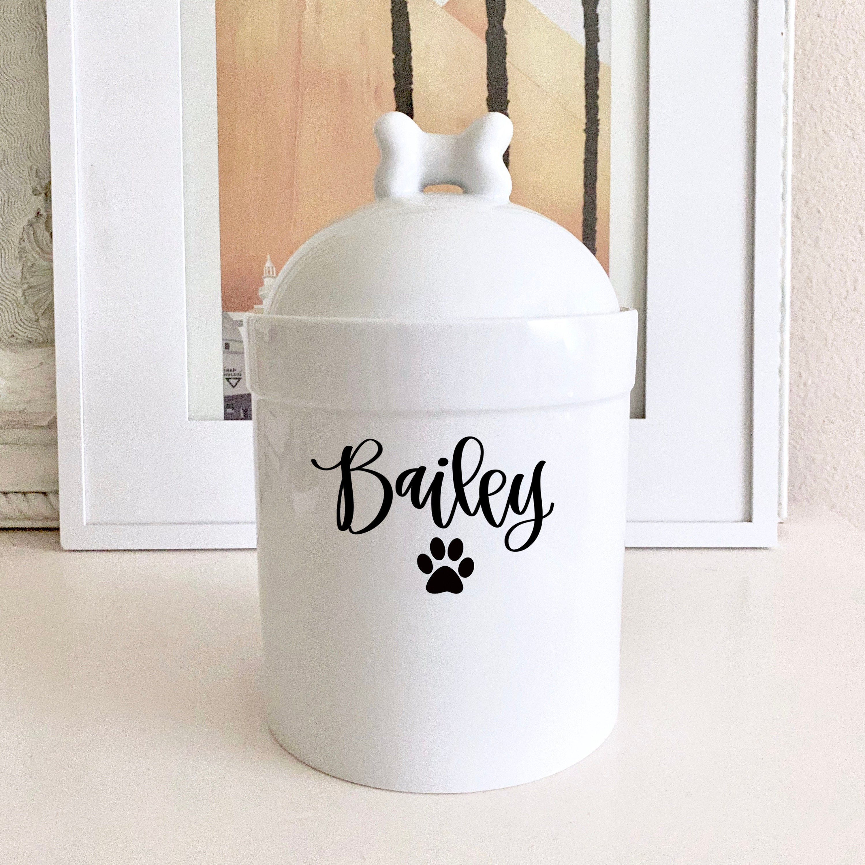 Pucci Pet Apparel Personalized Dog Treat Jar and Canister with Name 7.75 H x 4.75 D White Dog Bone Lid Porcelain 