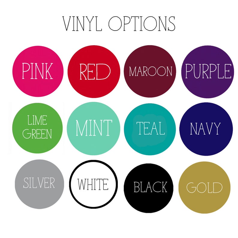 May include: A chart of vinyl colors for crafting projects. The colors are: pink, red, maroon, purple, lime green, mint, teal, navy, silver, white, black, and gold.