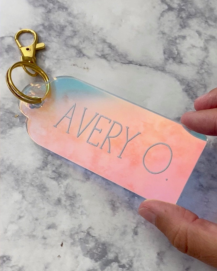 Personalized Backpack Tag: Engraved Acrylic Keychain - Pastel Rainbow