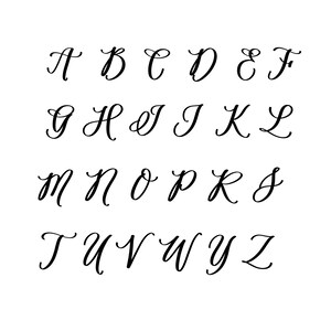 May include: A black and white image of the alphabet in a cursive font.