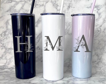 Bridesmaid Tumbler - Floral Monogram Skinny Stainless Steel Tumbler - Bridal Party Gifts - Bridesmaid Proposal - Maid of Honor Gift