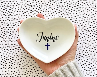 Personalized First Communion Gift: Heart Rosary Dish with Cross