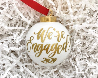 Personalized Engagement Ornament: White Glass Christmas Ornament