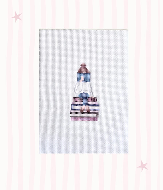 Book Lover Needlepoint Canvas | Girl Reading on Books Ornament