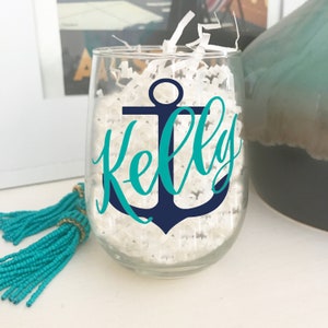 Personalized Nautical Anchor Stemless Wine Glass: Bachelorette Gift