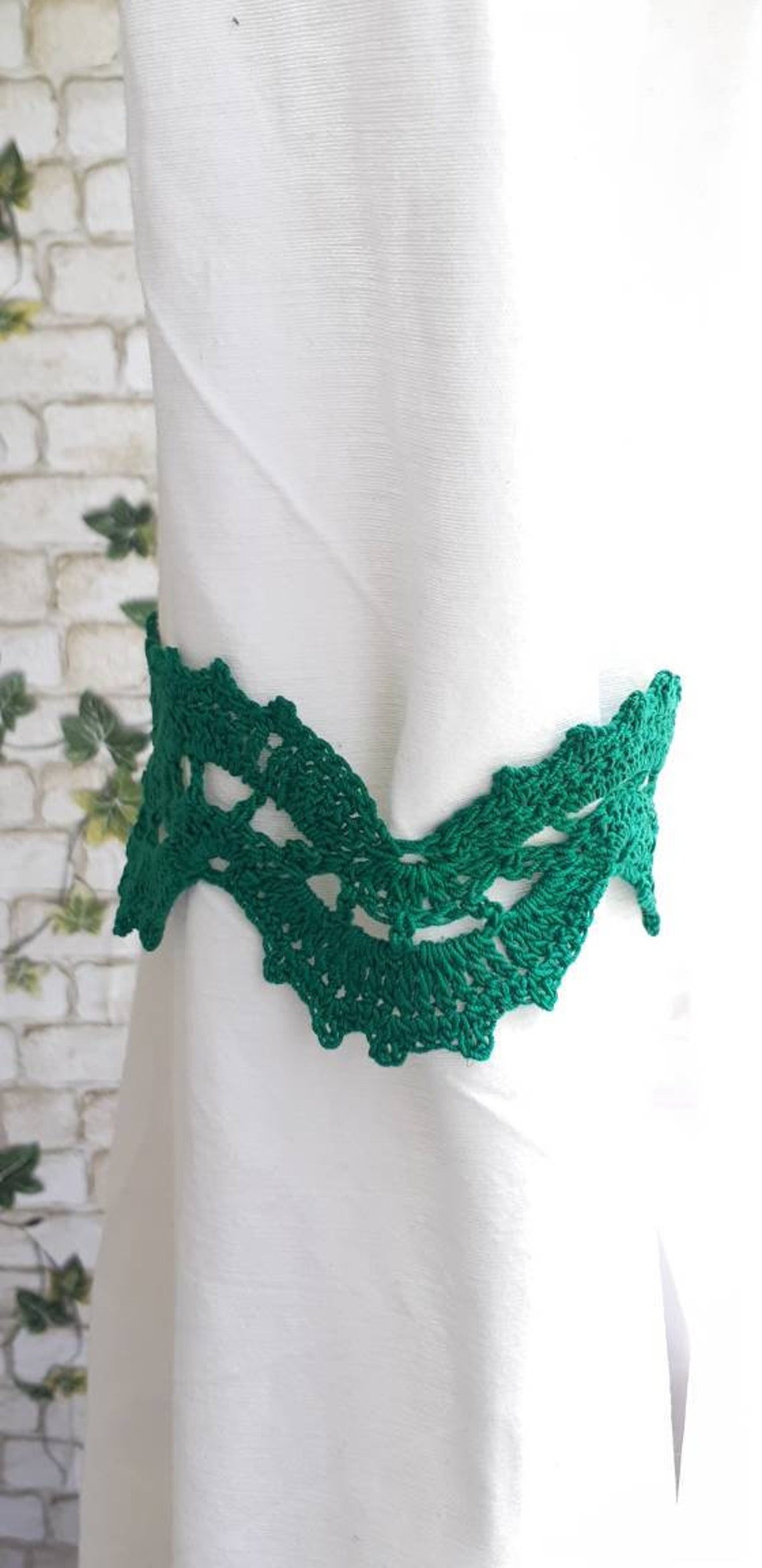 Green Curtain Tie Backs Crochet Lace Hold Back Rustic Drapery Etsy