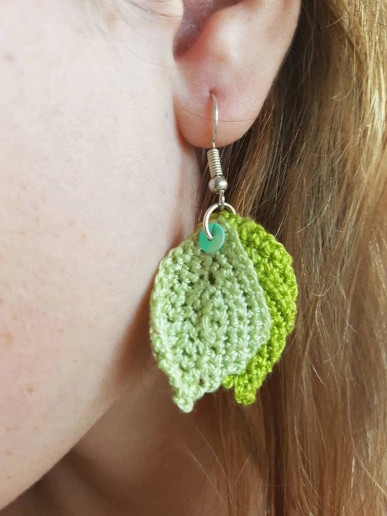 Crochet leaves earrings handmade organic cotton boho green Etsy