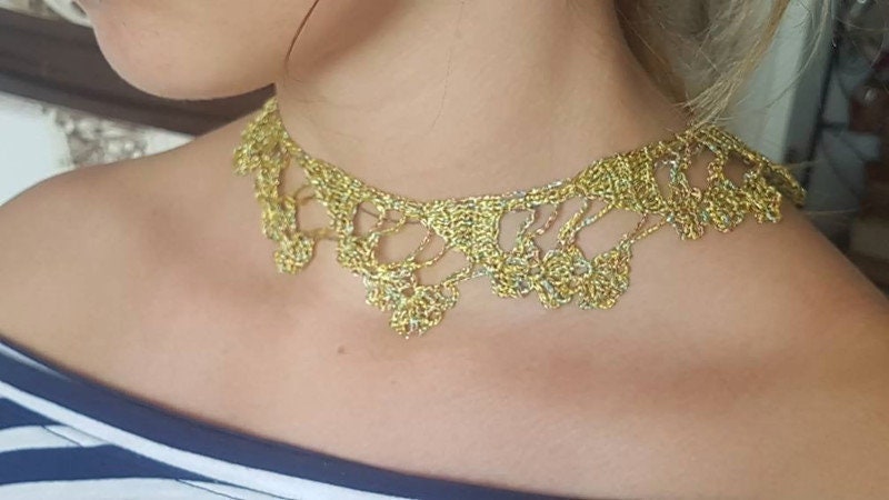 Gold lace choker necklace goddess jewelry crochet sparkle | Etsy