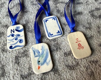 Set of 4 Mahjong Tile Ornaments hand painted