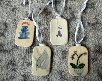 Set of 4 Mahjong Tile Ornaments hand painted