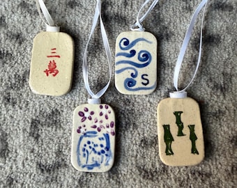 Set of 4 Mahjong Tile Ornaments hand painted