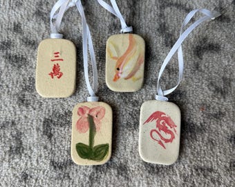 Set of 4 Mahjong Tile Ornaments hand painted