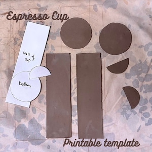 May include: Printable template for making an espresso cup out of clay. The template includes pieces for the bottom, wall, and handle of the cup.
