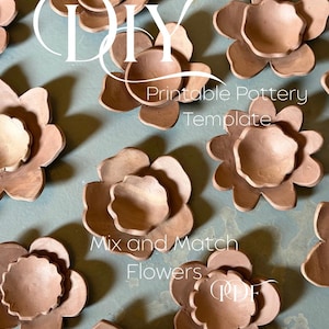 May include: A collection of handmade, terracotta-colored pottery flower templates arranged on a light blue surface. The image includes the text "DIY Printable Pottery Template" and "Mix and Match Flowers PDF". The flowers have a layered design.