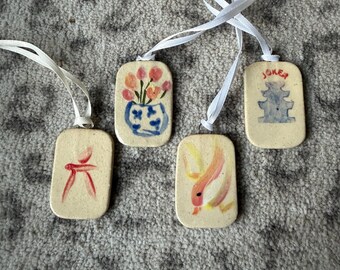 Set of 4 Mahjong Tile Ornaments hand painted