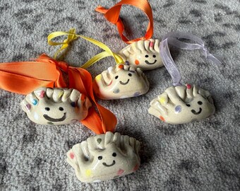Rainbow Polka dot smiling dumpling Christmas tree ornament