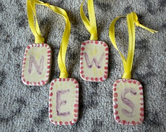 Set of 4 Mahjong Tile Ornaments hand painted NEWS
