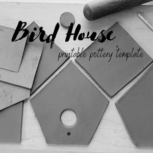 May include: Black and white image of a birdhouse pottery template. The template is made of clay and is ready to be shaped into a birdhouse. The text "Bird House printable pottery template" is written above the template.