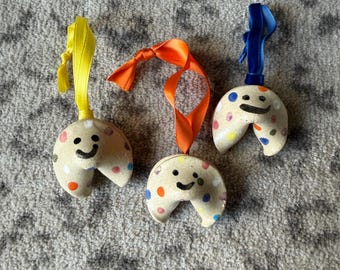 Rainbow Polka dot smiling fortune cookie Christmas tree ornament