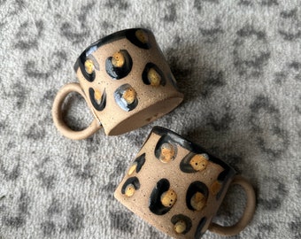 Set of 2 Leopard Print Espresso Cups on Speckled clay