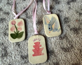 Set of 3 Mahjong Tile Ornaments hand painted