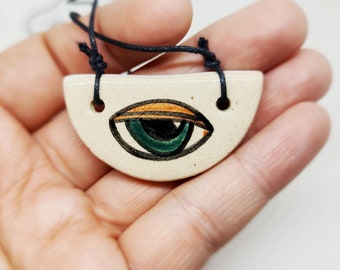 Handmade, Hand Painted, Unique Ceramic Eye Necklace For Good Luck