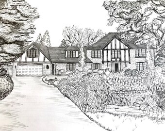 Custom Home Portrait- Ink Drawing- 8x10- Architectural Illustration
