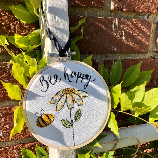 Handmade Bee Happy decorative hanging hoop bees flowers