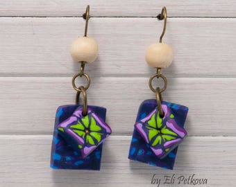 Square handmade earrings.Jewellery. Polymer clay earrings. Handmade earrings. Polymer clay earrings. Wooden bead earrings.