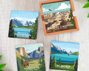 May include: Set of four square coasters featuring colorful illustrations of national parks. The coasters feature images of Grand Canyon National Park, Rocky Mountain National Park, Yosemite National Park, and Glacier National Park.