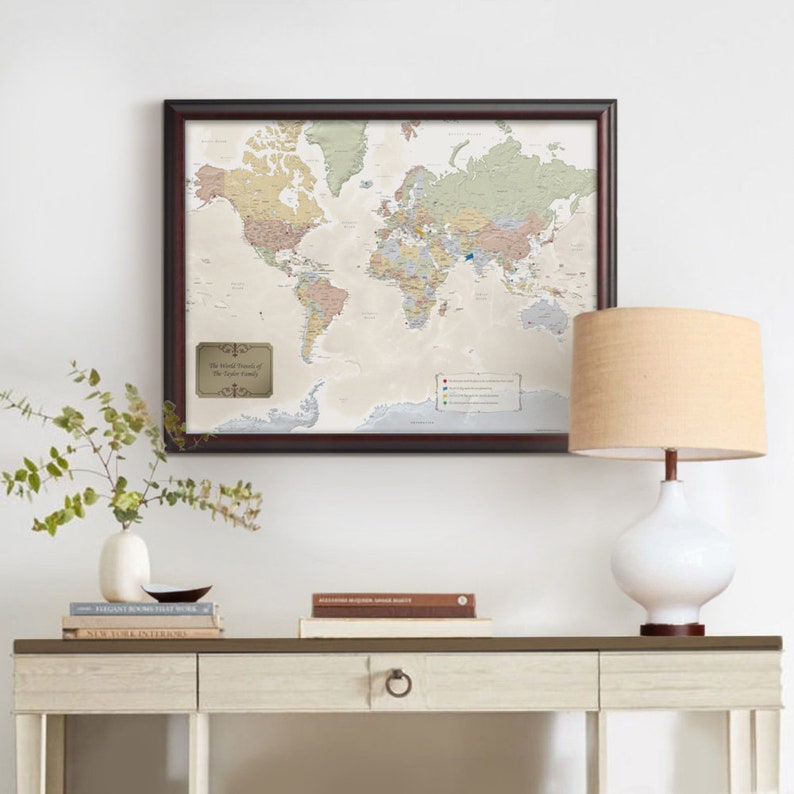 personalized world travel map with pins and frame