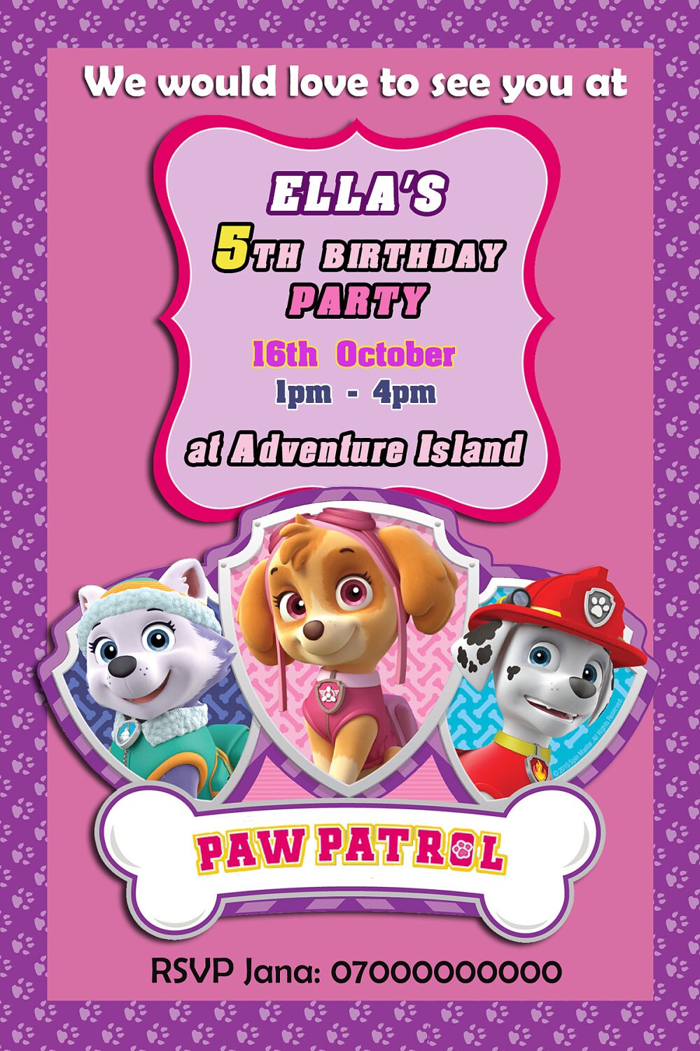 Paw Patrol Girls Birthday Invitation printable digital Etsy