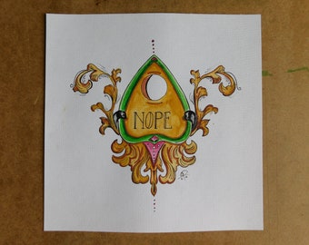 Nope Ouiju Planchette and Filagree Watercolor Illustration