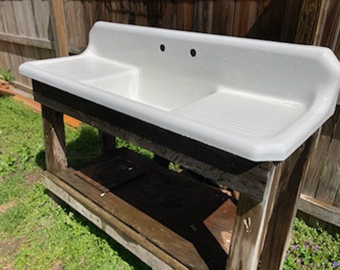 Antique 60 Cast Iron Farm Sink Double Drainboards High Back Rolled Lip