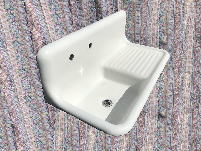 Antique Cast Iron Farm Sink High Back Drainboard Rolled Lip Circa 1947