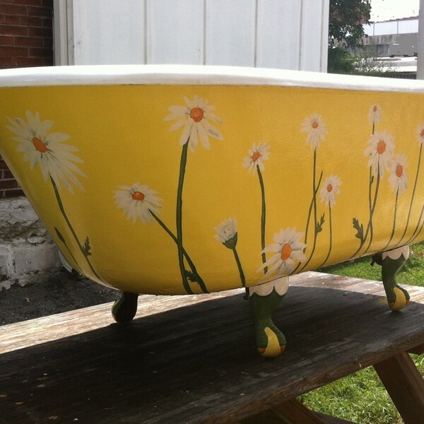 Antique Clawfoot Tub Yellow Daisy Vintage Claw Foot Bathub Country Wedding Drink Station Farmhouse Daisies 1933