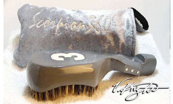 Medium Hard Platinum Grey Wave Brush | Platinum Grey Goose Down Velvet Carrying Pouch | Designer Custom Wave Brush Set by V. Knight