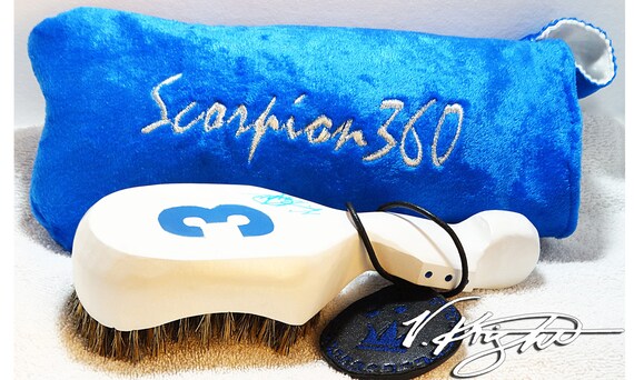 White & Prince Blue Medium Hard Wave Brush | Scorpion 360 Prince Blue Goose Down Velvet Carrying Pouch | Wave Brush Gift Set by V. Knight