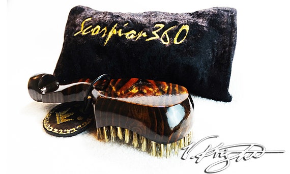 Medium Hard Dark Mahogany Wave Brush | Black & Gold Scorpion 360 Goose Down Carrying Pouch | Custom Designer Wave Brush Set by V. Knight