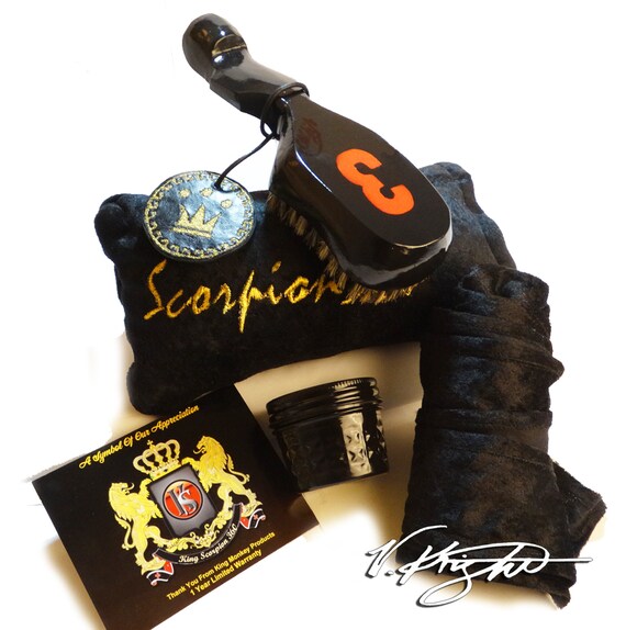Medium Hard Wave Brush | Goose Down Velvet Carrying Pouch | Reversible Velvet/Satin Fat Lac Du-Rag | 4 Oz. Scorpion 360 Wave Butter