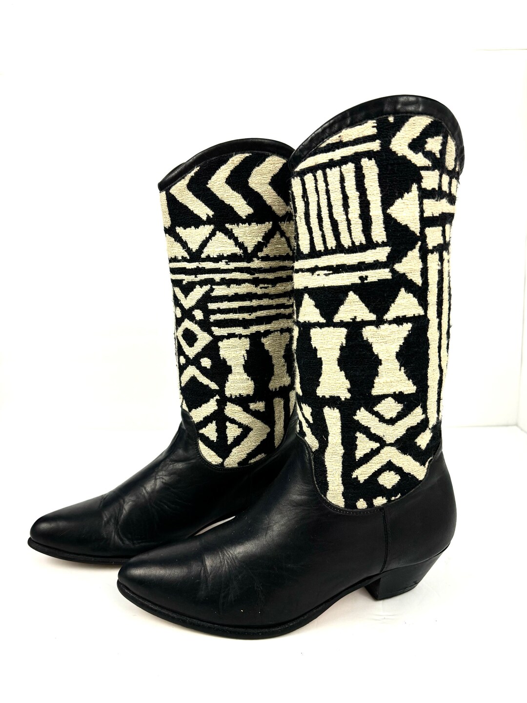 Vintage Black Leather Fabric Upper Western Style Boots Etsy