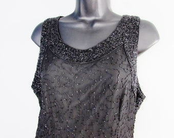 Vintage 1980's Laurence Kazar New York Black Silk Beaded Mini Dress