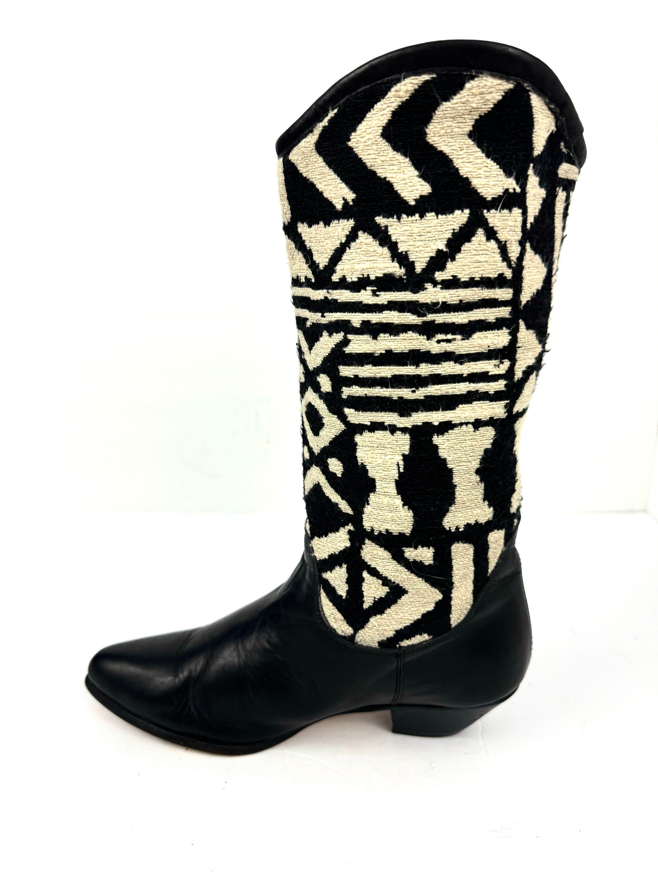 Vintage Black Leather Fabric Upper Western Style Boots Etsy