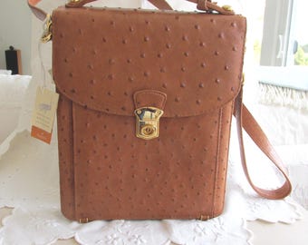Ostrich Leather Purse/Travel Bag with Handle and Crossbady Strap in Cognac Color - Free Shipping