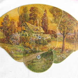 Vintage Advertising Hand Fan: Pastoral Cottage Scene