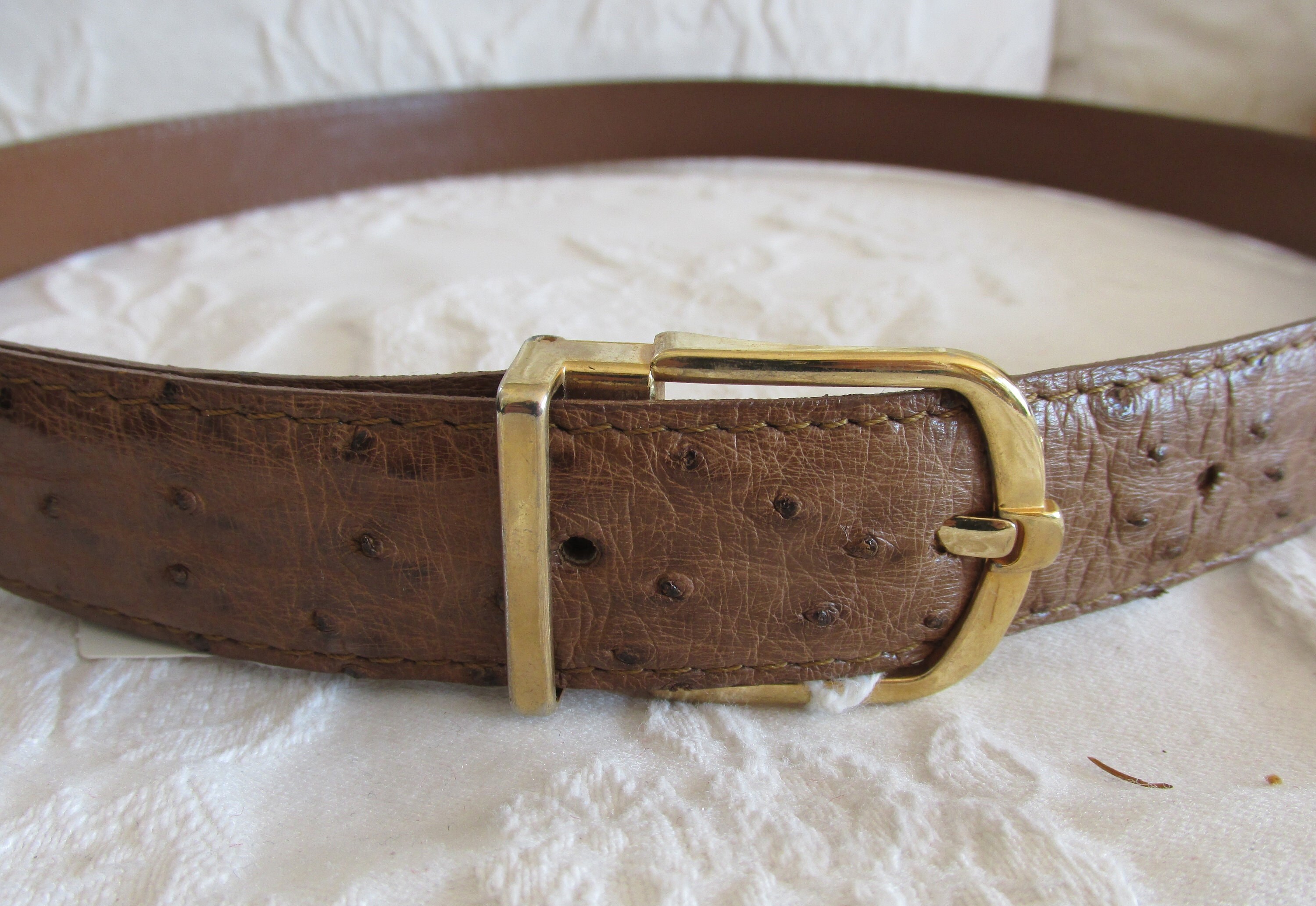 Brown Ostrich Leather Belt - Gold Buckle, Size 38 - Etsy